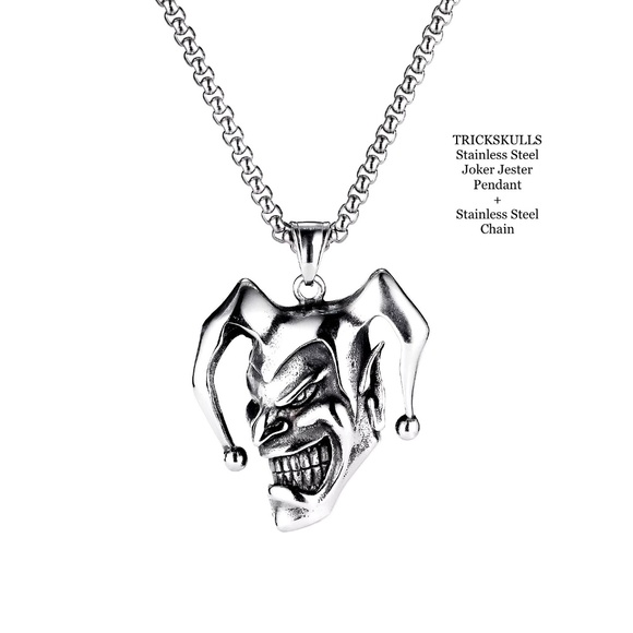 Joker Jester Smiling Clown Stainless Steel Pendant + Stainless Wheat Link Chain - Picture 1 of 9